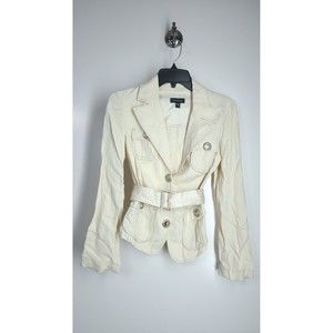 Bebe Ivory White Silk Silver Ring Hook Front Closure Belted Blazer Coat Jacket